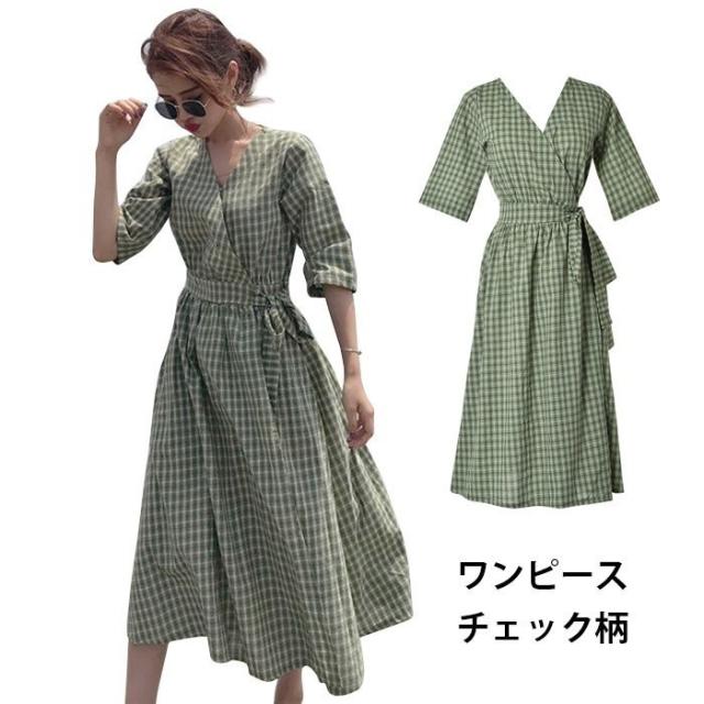 ワンピース レディース チェック柄 ミモレワンピース ロングワンピース 五分袖 巻きワンピース カシュクールワンピース Vネック 薄手 ふの通販はau Pay マーケット 株式会社久発商事