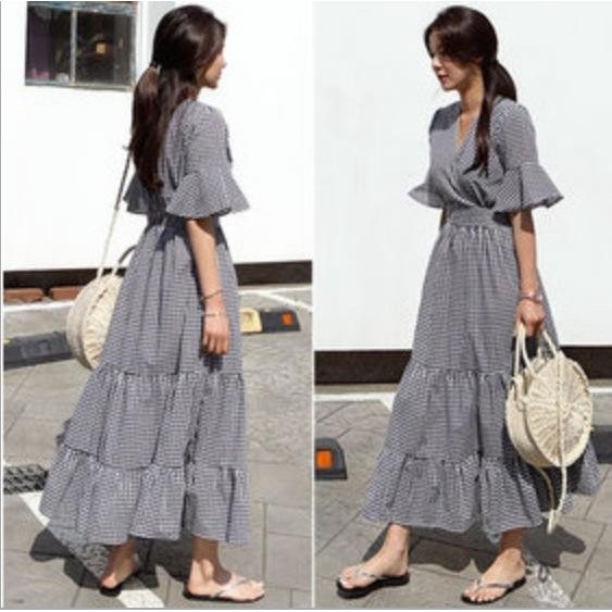 ワンピース チェック柄 マキシワンピース ドレス 春夏 半袖ワンピース ロング丈 韓国風 結婚式 ワンピースドレス レディース オシャレ の通販はau Pay マーケット 株式会社久発商事