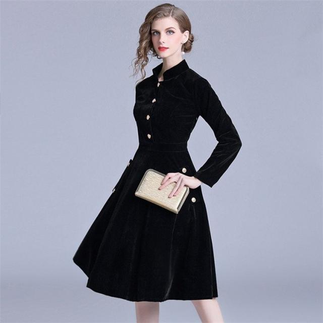 ワンピース フレア ミディ丈 ミモレ丈 ベロア フロントボタン マオカラー 金ボタン ひざ丈 膝下丈 九分袖 長袖 無地の通販はau Wowma 株式会社久発商事