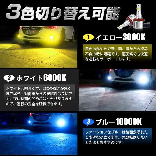 H8 H11 LED フォグランプ 3色切り替え H8 H9 H11 H16 フォグ バルブ ホワイト イエロー ブルー デフォルトホワイト  フォグライト DC12V対の通販はau PAY マーケット - コズムワン【当日発送】(12時まで決済完了(休日除く)) | au PAY  マーケット－通販サイト