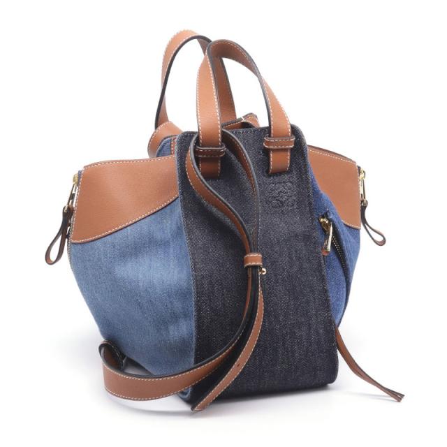 ロエベ ハンモックバッグ スモール 387.50.S35 カーフスキン デニム タン ブルー ハンドバッグ ショルダーバッグ 2WAY 中古 送料無料