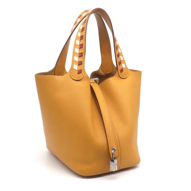 エルメス ピコタンロックトレサージュPM C刻印 2018年製 ヴォーエプソン ジョーヌアンブル ブリック ホワイト シルバー金具 中古 送料無料