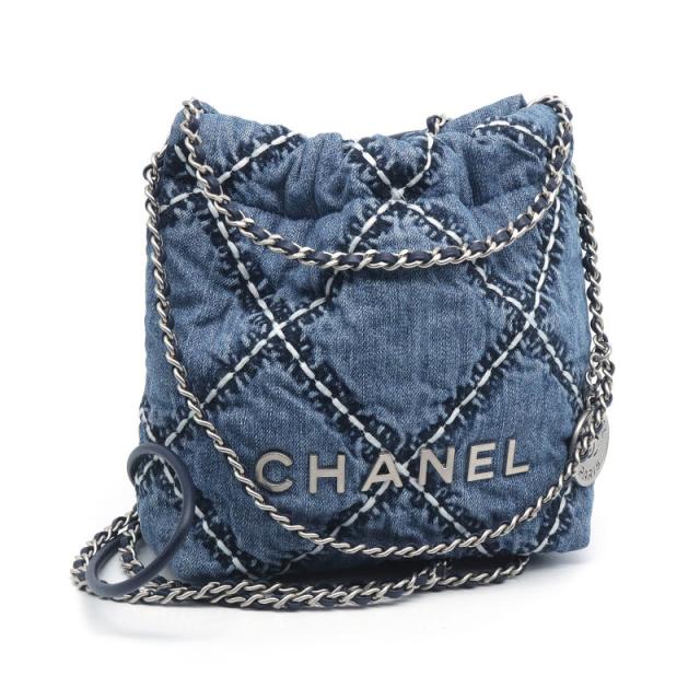 シャネル シャネル22 ハンドバッグ ランダムシリアル チェーンショルダーバッグ デニム ブルー アンティークシルバー金具 中古 送料無料