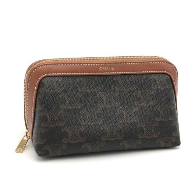 セリーヌ スモール コスメティックポーチ 4M1622CZJ.04LU トリオンフキャンバス カーフスキン タン コスメポーチ 小物入れ 中古 送料無料