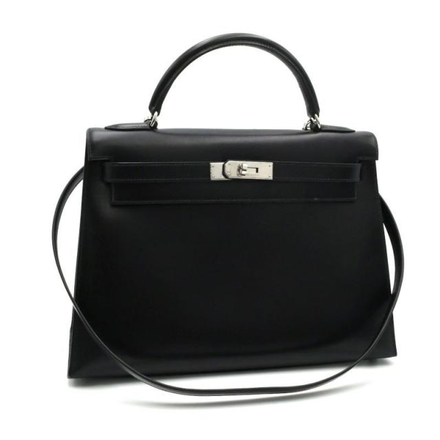 エルメス ケリー32 □C刻印 1999年製 ブラック ボックスカーフ シルバー金具 外縫い ハンドバッグ ショルダーバッグ 2WAY 黒 中古 送料無料