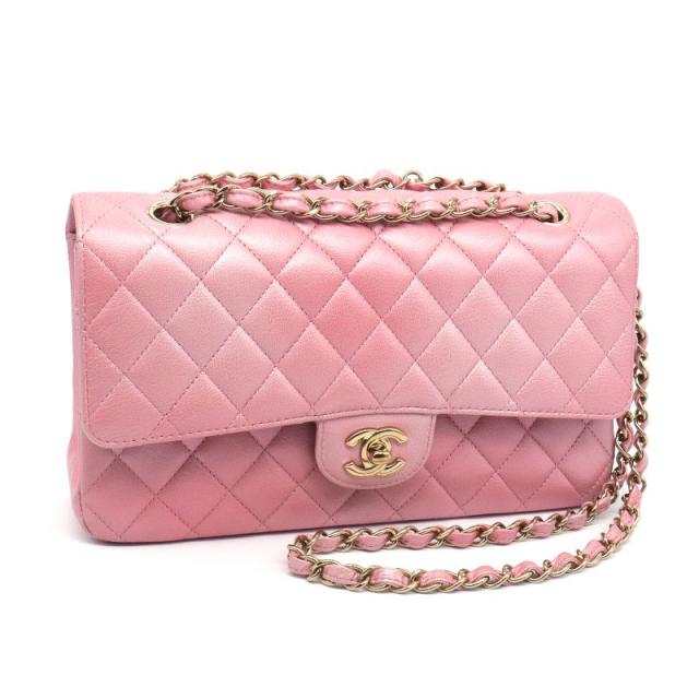 シャネル マトラッセ25 チェーンショルダーバッグ ランダムシリアル ピンク カーフスキン ダブルフラップ ゴールド金具 中古 送料無料