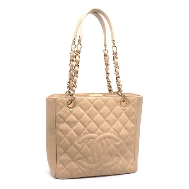 シャネル チェーントートPST A50994 キャビアスキン ベージュ ココマーク トートバッグ 肩掛け CC  ゴールド金具 中古 送料無料