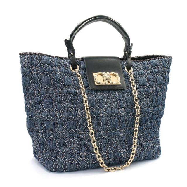 サルヴァトーレフェラガモ ガンチーニ ハンドバッグ デニム レザー ブルー ブラック チェーントートバッグ キルティング 中古 送料無料