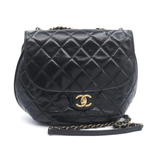 シャネル ハーフムーン 20番台 レザー マトラッセ ブラック チェーンショルダーバッグ 斜め掛け 黒 ゴールド金具 中古 送料無料