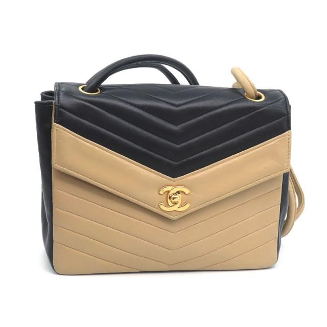 シャネル シェブロン Vステッチ ラムスキン ショルダーバッグ ブラック ベージュ バイカラー 斜め掛け 黒 ゴールド金具 中古 送料無料