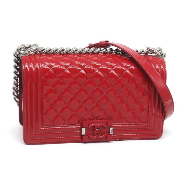 シャネル ボーイシャネル25 20番台 チェーンショルダーバッグ パテントレザー レッド マトラッセ 斜め掛け シルバー金具 赤 中古 送料無料