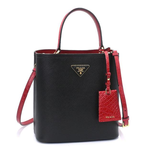 プラダ パニエ 1BA212 サフィアーノレザー クロコ型押しレザー ブラック レッド ハンドバッグ ショルダーバッグ 赤 黒 中古 送料無料