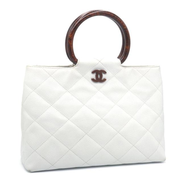 シャネル マトラッセハンドバッグ キャビアスキン ウッド ホワイト ココマーク 白 レザー 6番台 ウッドハンドル ブラウン 中古 送料無料