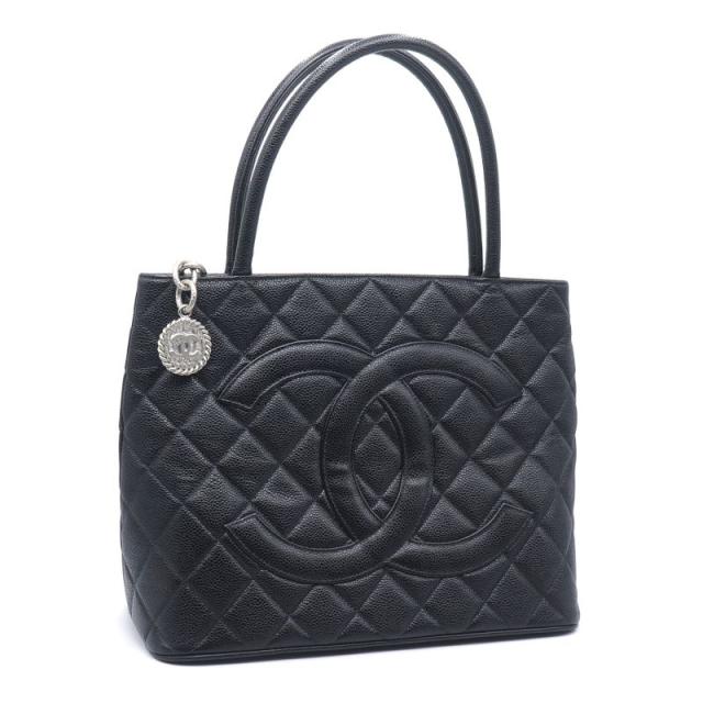 シャネル 復刻トート 7番台 キャビアスキン ブラック シルバー金具 ココマーク マトラッセ 肩掛けトート ハンドバッグ CC 黒 中古 送料無料