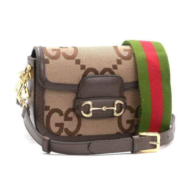 グッチ ホースビット1955 スモールショルダーバッグ 658574 ジャンボGGキャンバス レザー ブラウン ベージュ 肩掛けバッグ 中古 送料無料