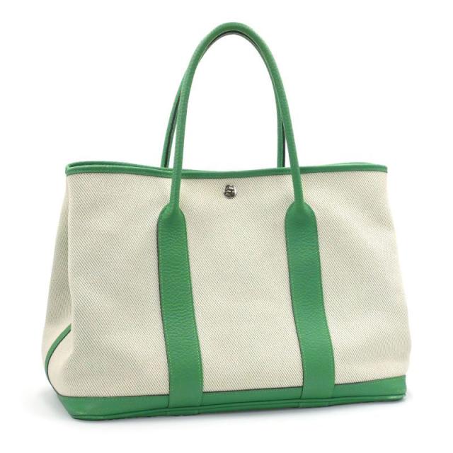エルメス ガーデンパーティPM □R刻印 2014年製 トワルアッシュ ヴァッシュカントリー バンブー トートバッグ グリーン 緑 中古 送料無料