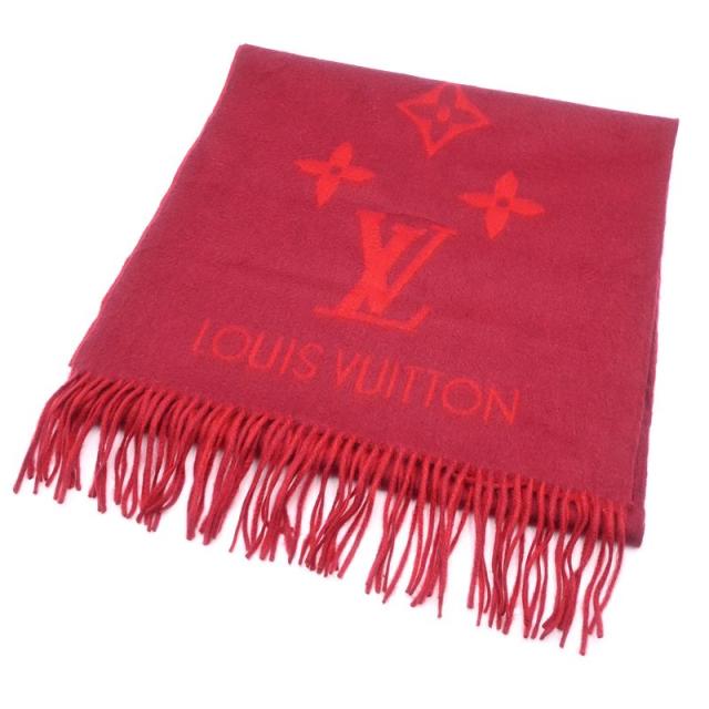 ルイヴィトン マフラー エシャルプレイキャビック M75505 カシミヤ100％ モノグラム スリーズ レッド 赤 ストール フリンジ 中古 送料無料