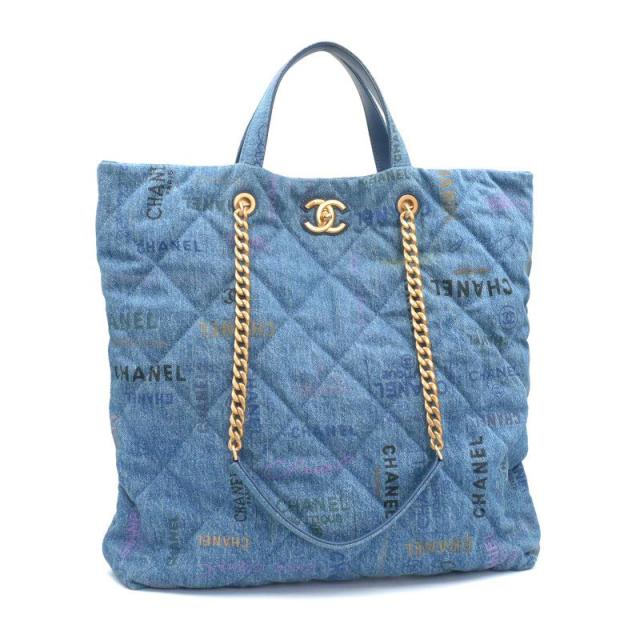 シャネル チェーントートバッグ デニム ブルー 肩掛けトート チェーンショルダーバッグ スクエアトート ココマーク CC 水色 中古 送料無料