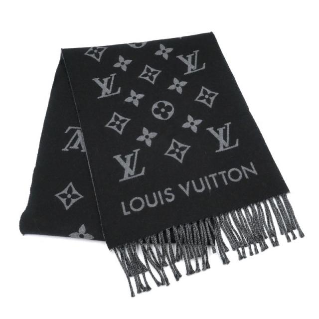 ルイヴィトン マフラーオールアバウトモノグラム M79225 ウール100％ ノワール ストール フリンジ ブラック 黒 中古 送料無料