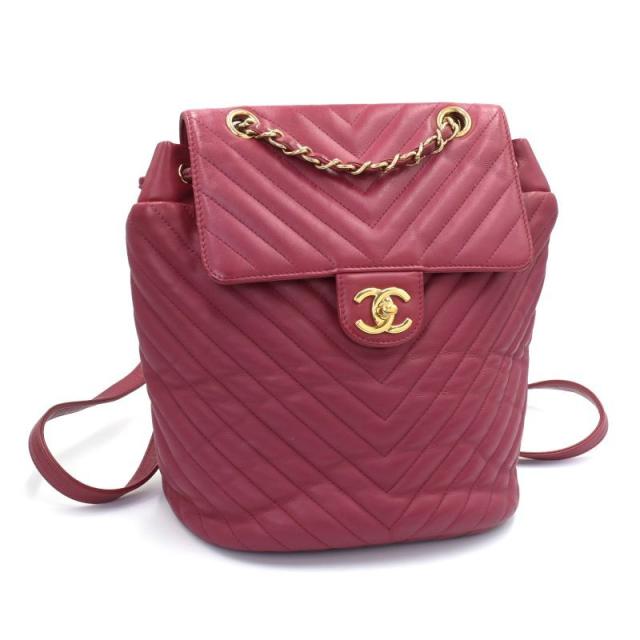 シャネル シェブロンリュックサック 23番台 ラムスキン ピンク ゴールド金具 マトラッセ Vステッチ ココマーク バックパック 中古 送料無料