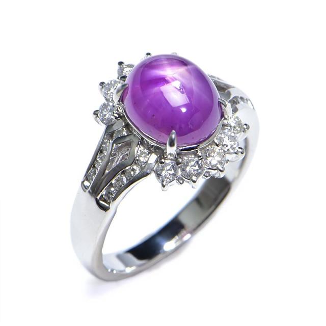4.07ct天然パープルスターサファイアリング 13号 Pt900 0.6ctダイヤ  