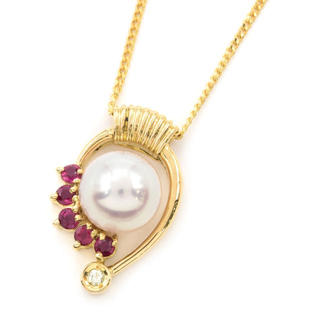 約8mm天然パールネックレス K18YG 合計0.2ct天然ルビー 天然ダイヤ 真珠 しずく型 雫型 イエローゴールド 地金3.7g 中古 送料無料の通販は