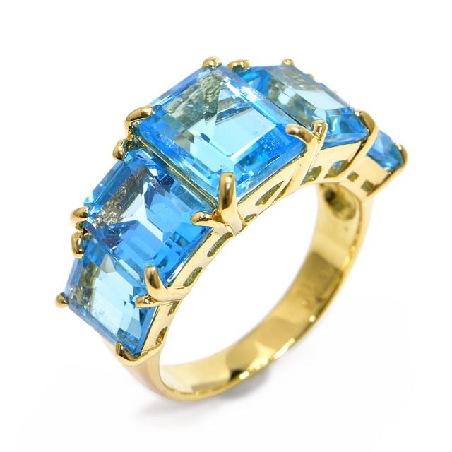 合計9.0ct天然ブルートパーズリング 10号 K18YG エメラルドカット 5粒  