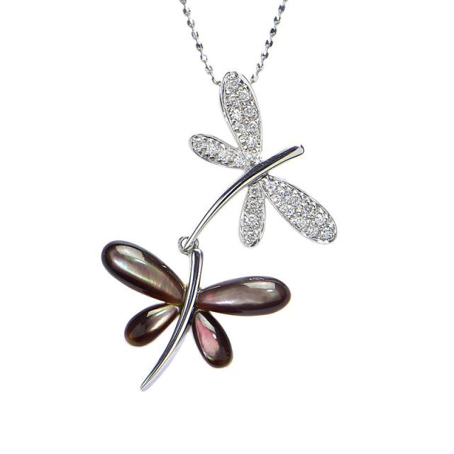 合計0.16ct天然ダイヤモンドネックレス K18WG ブラックシェル トンボモチーフ ダイヤペンダント ホワイトゴールド 45cm 中古 送料無料の通販は