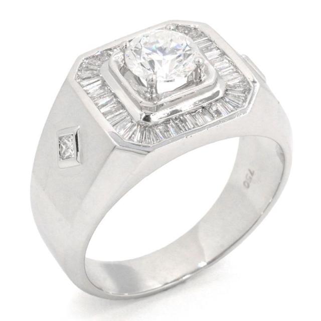 約0.8ct/1.0ct天然ダイヤモンド 印台 リング 24号 K18WG 八角形 四角形 ダイヤ 取り巻き ホワイトゴールド 地金10.9g 中古 送料無料