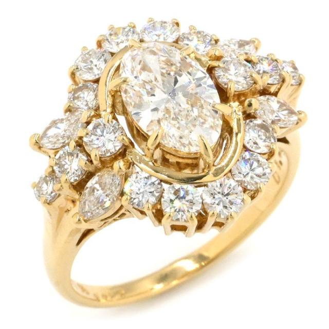 ミキモト 1.21ct/1.43ctダイヤモンドリング 15号 K18YG ダイヤ マーキスカット フラワー 18金 イエローゴールド 地金6.4g 中古 送料無料 440,000円