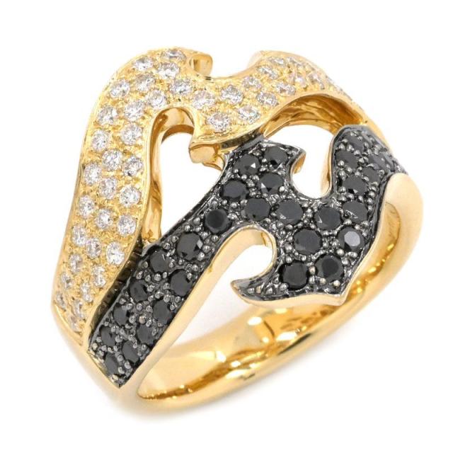 1.05ct天然ダイヤモンド リング 15.5号 K18YG パヴェ ブラック ダイヤ ウェーブ 波模様 稲妻 雷 イエローゴールド 地金9.5g 中古 送料無料