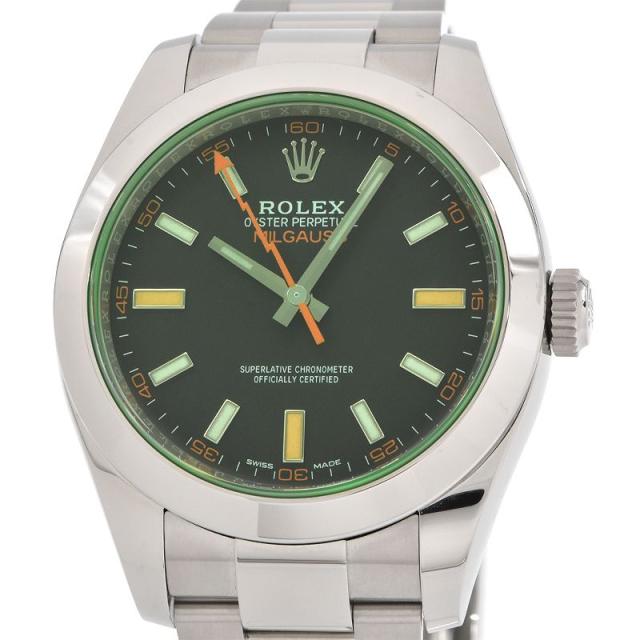 [3年保証] ロレックス メンズ ミルガウス 116400GV ランダム番 新ギャラ グリーン オレンジ ブラック文字盤 自動巻き 腕時計 中古 送料無料の通販は