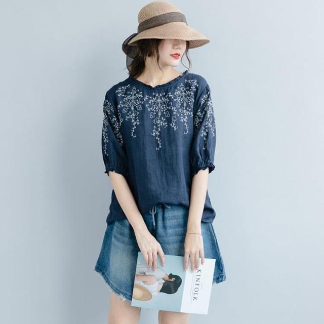 刺繍入りブラウス レディース トップス シャツ リネン リーフ 花 五分袖 半袖 ラウンドネック 大人可愛い ゆったり 体型カバー 売れ筋 シの通販はau Wowma 31rabbit Au Wowma 店