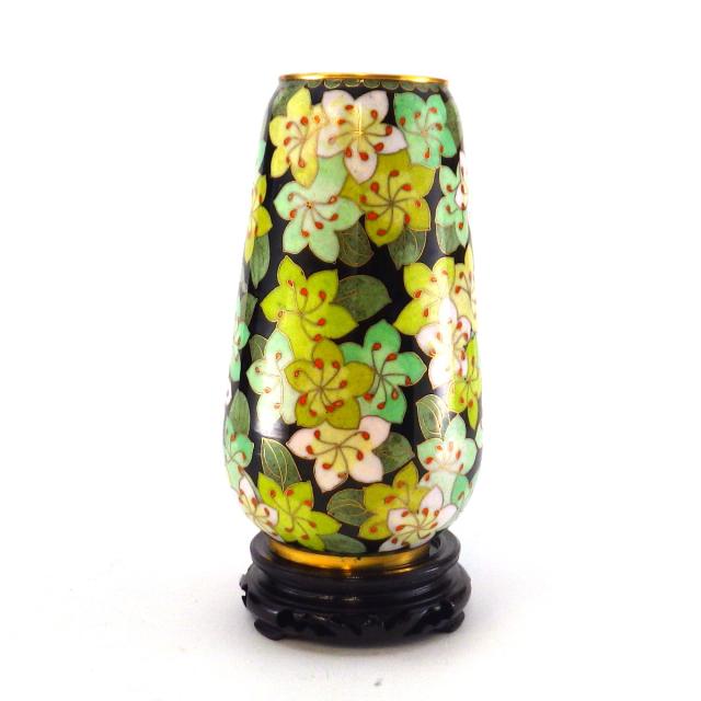 送料無料 七宝焼緑彩花瓶小花柄 七宝焼 工芸品 中国花瓶 レトロ