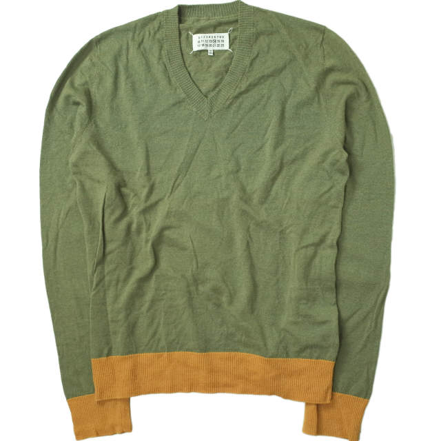 Maison Margiela 14 メゾンマルジェラ 17SS レザーエルボーパッチ バイカラーVネックニット S50HA0700 S15858 M KHAKI セーター マルタン