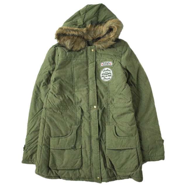 新品 no brand ノーブランド ファー付き フーデッドコート M OLIVE 裏