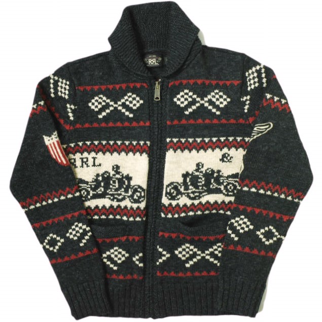 新品 RRL ダブルアールエル カーモチーフ コットンウール ジップカーディガン S Black Double RL 定価225,000円 ショールカラー トップス