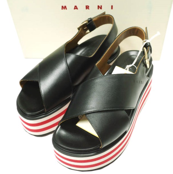 新品 MARNI マルニ 22SS フスベッドウエッジソールサンダル ZPMS007506 P3586 36(22.5-23cm) BLACK 定価119,900円 レザーストラップ 厚底