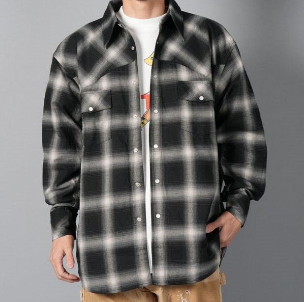 新品 LASTMAN ラストマン 25SS 日本製 OMBRE PLAID WESTERN SHIRTS オンブレチェックウエスタンシャツ 251LM-SH03 L BLACK 定価77_2