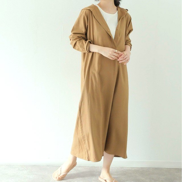 新品 BASERANGE ベースレンジ 23AW VESTER DRESS - Wild Silk ワイルドシルク フード付きロングワンピース XS Bath Brown 定価36,
