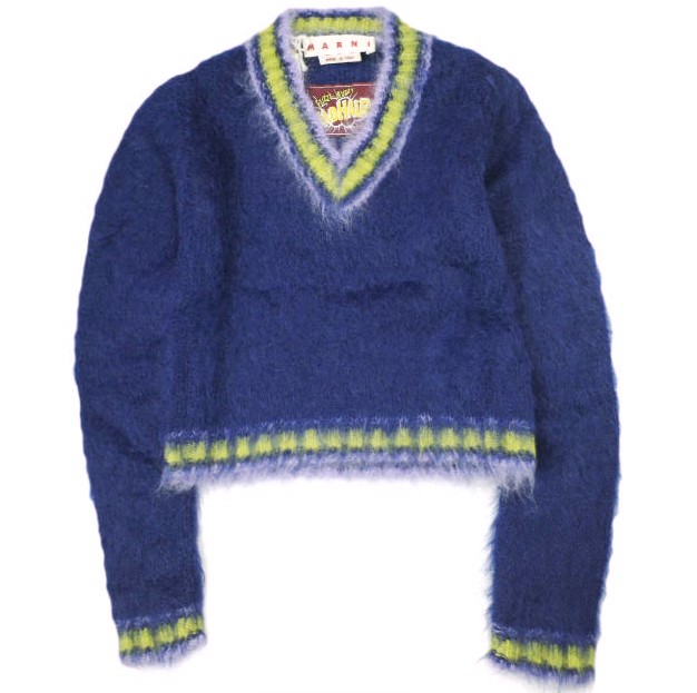 新品 MARNI マルニ 23AW FUZZY WUZZY ブルーストライプトリムモヘヤジャンパー Vネックカレッジニット CVMD0108Q0 38 定価138,600円