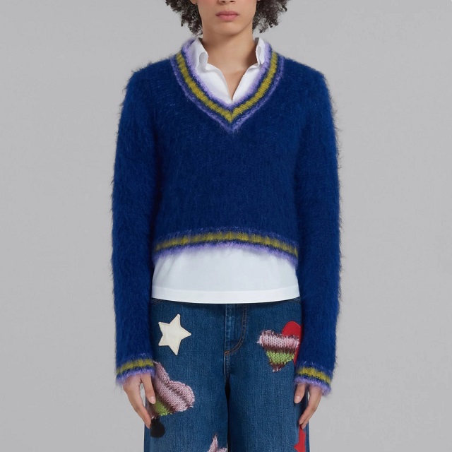 新品 MARNI マルニ 23AW FUZZY WUZZY ブルーストライプトリムモヘヤジャンパー Vネックカレッジニット CVMD0108Q0 38 定価138_2