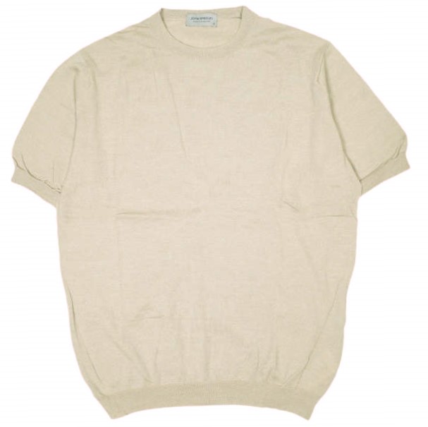 JOHN SMEDLEY ジョンスメドレー HILCOTE ウールコットン30ゲージ ショートスリーブクルーネックニット M ベージュ セーター ハイゲージ
