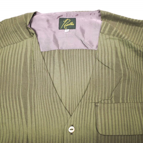 Needles ニードルス 日本製 V Neck Shirt -R/N Wave Stripe Jq. ウェーブストライプ Vネックシャツ MR146 S Olive トップス