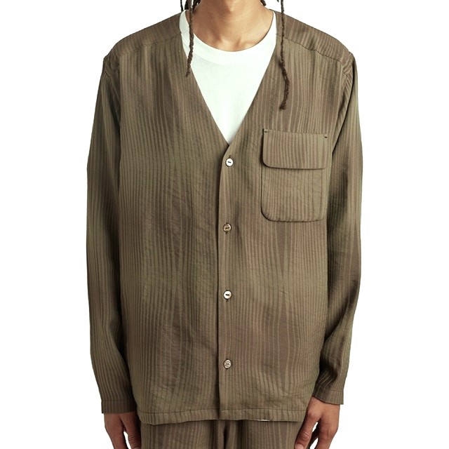Needles ニードルス 日本製 V Neck Shirt -R/N Wave Stripe Jq. ウェーブストライプ Vネックシャツ MR146 S Olive トップス