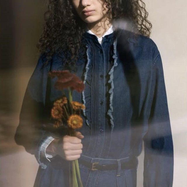 Drawer ドゥロワー 25SS 日本製 コットン×シルク デニムフリルシャツ