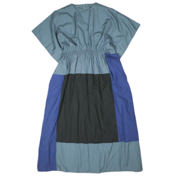 homspun ホームスパン 日本製 100/2 ブロード ハイウエストギャザーパッチワークワンピース 191-1574 Free Blue Gray/Blue/Black