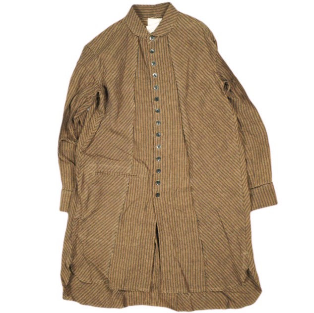 新品 Omar Afridi オマールアフリディ KAKISHIBU STRIPES LINEN ATELIER SHIRTS 柿渋染めストライプ リネンラウンドカラーロングシャツ S