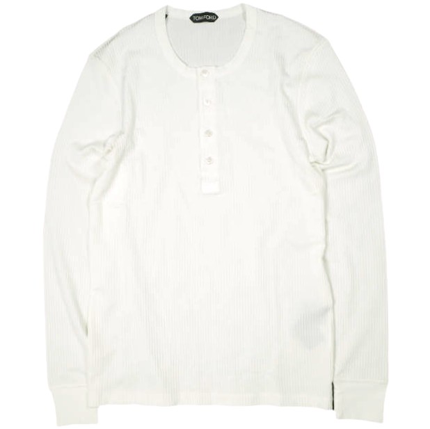 新品 TOM FORD トムフォード イタリア製 LONG SLEEVE HENLEY リブ編みヘンリーネックニットカットソー BZ204 TFJ262 48 WHITE セーター