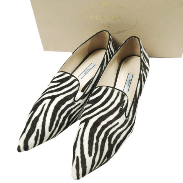 PRADA プラダ イタリア製 ハラコゼブラポインテッドトゥパンプス 1S366E 38(25糎) CAVALLINO BIANCO NERO シューズ